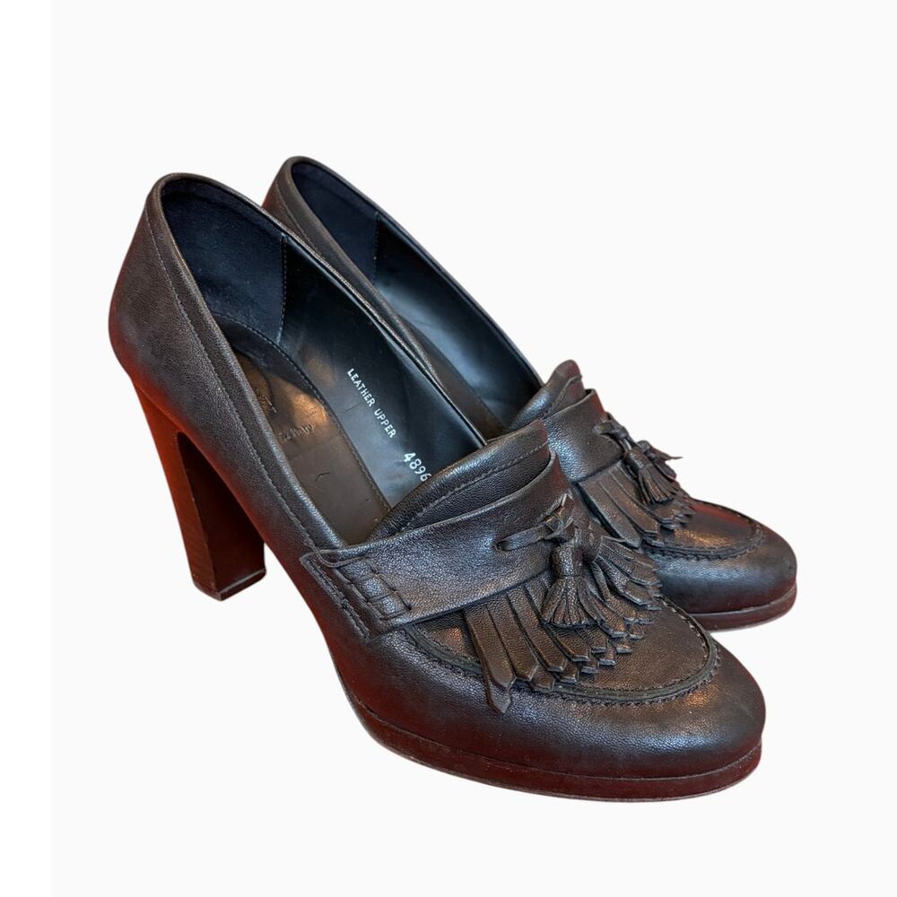 J.CREW Women's Leather Kiltie Tassel Block Heel Pumps Size 9 Black Made in Italy